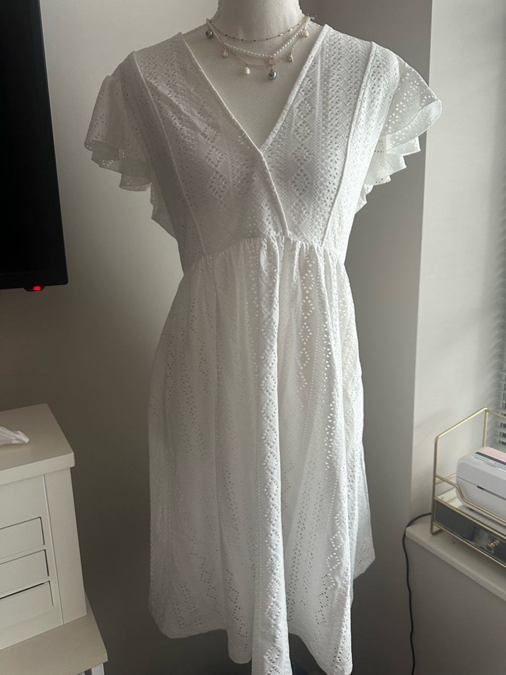 White Eyelet V-Neck Midi Dress with Flutter Sleeves